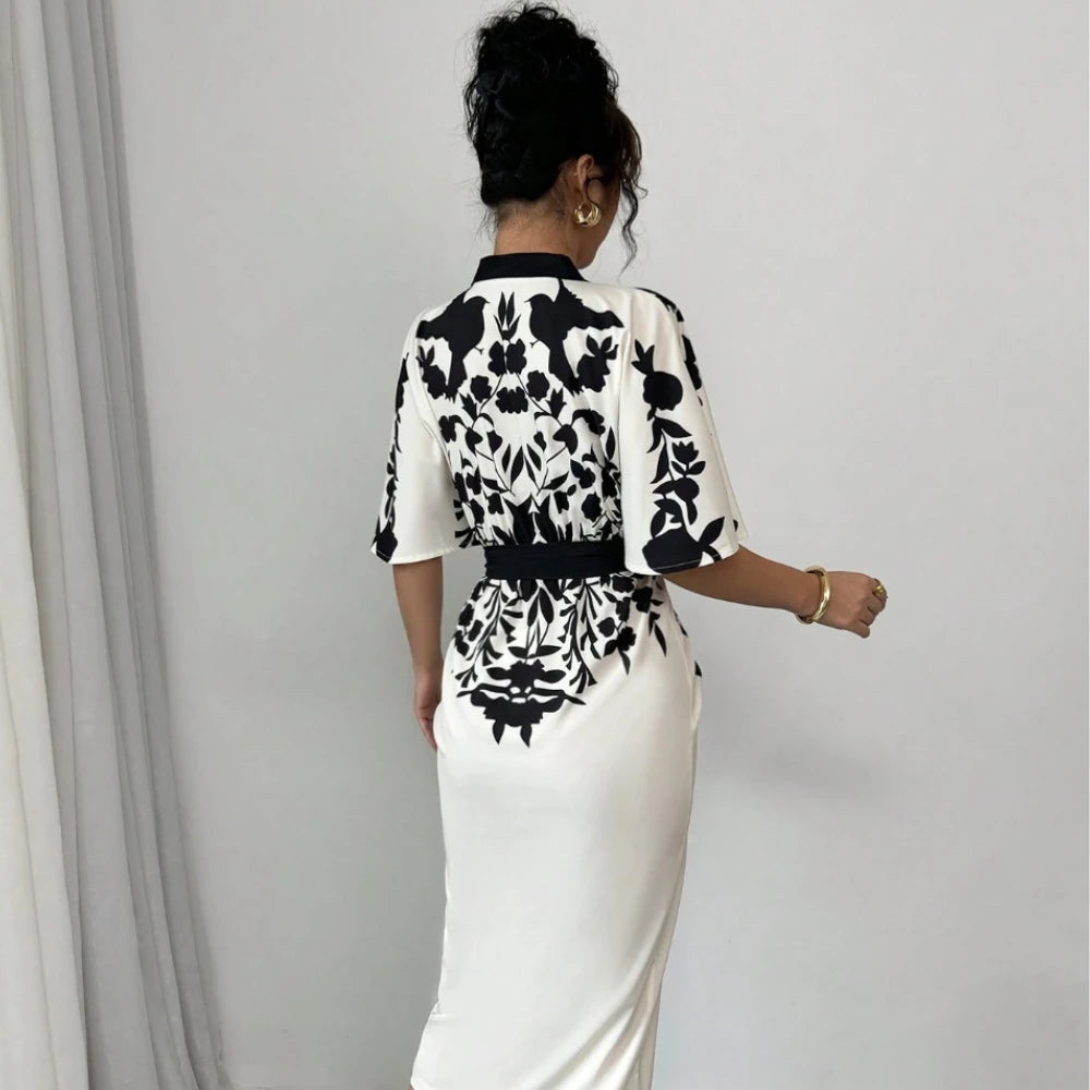 Women's elegant temperament V-neck A-line party dress 2025 new half sleeved printed lace up waist dress