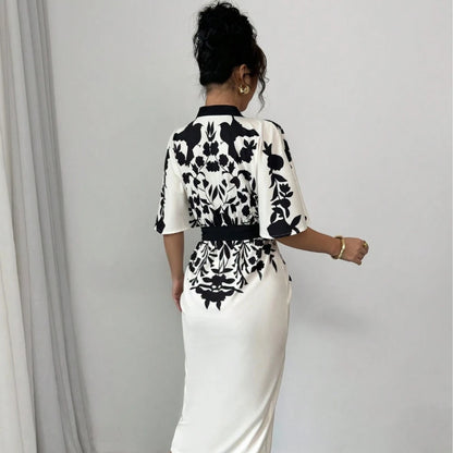 Women's elegant temperament V-neck A-line party dress 2025 new half sleeved printed lace up waist dress