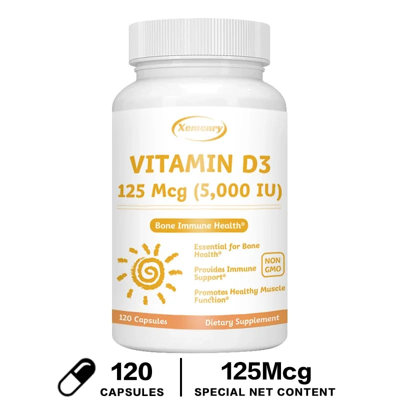 Vitamin D3 5000IU Capsules - Helps Support Muscle and Nerve Health, Bone Health, Immunity and Sleep Quality, Anti-inflammatory 120 Capsules