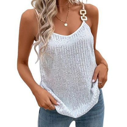 2024 Women´s Summer Sequin Cami Tops Spaghetti Strap V-Neck Sparkle Shimmer Loose Sleeveless Tanks Tops