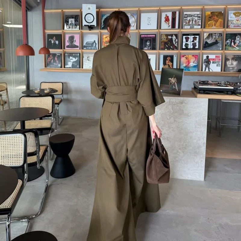 Linen Lace Up Women's Jumpsuit High V-neck Full Sleeve Top Loose Straight-leg Pants 2025 Summer Chic Female Casual Streetwear