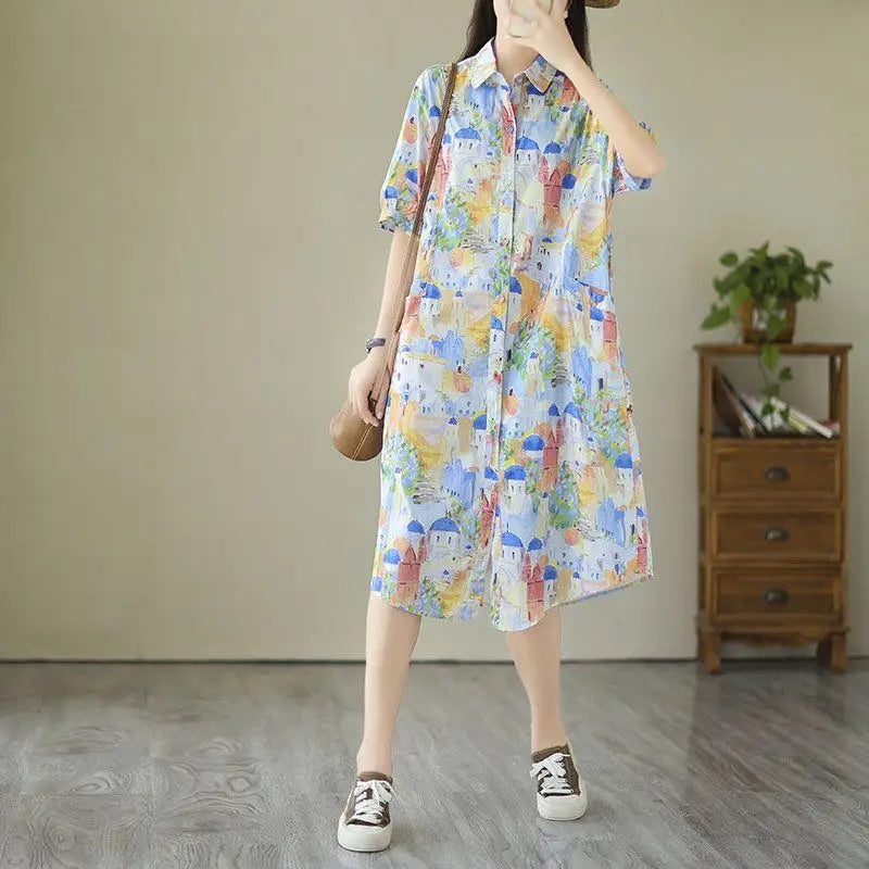 Fashionable Cartoon Printed Short-sleeved Shirt Skirt for Women in Summer Loose Dress Blue