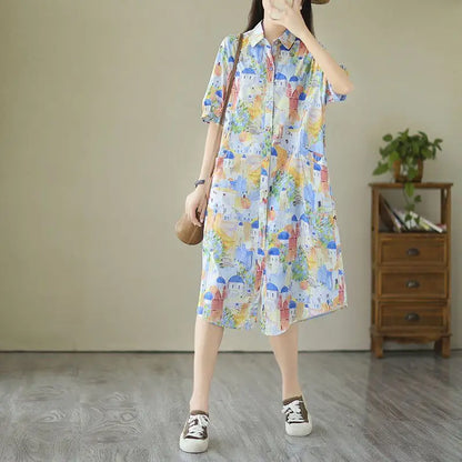 Fashionable Cartoon Printed Short-sleeved Shirt Skirt for Women in Summer Loose Dress Blue