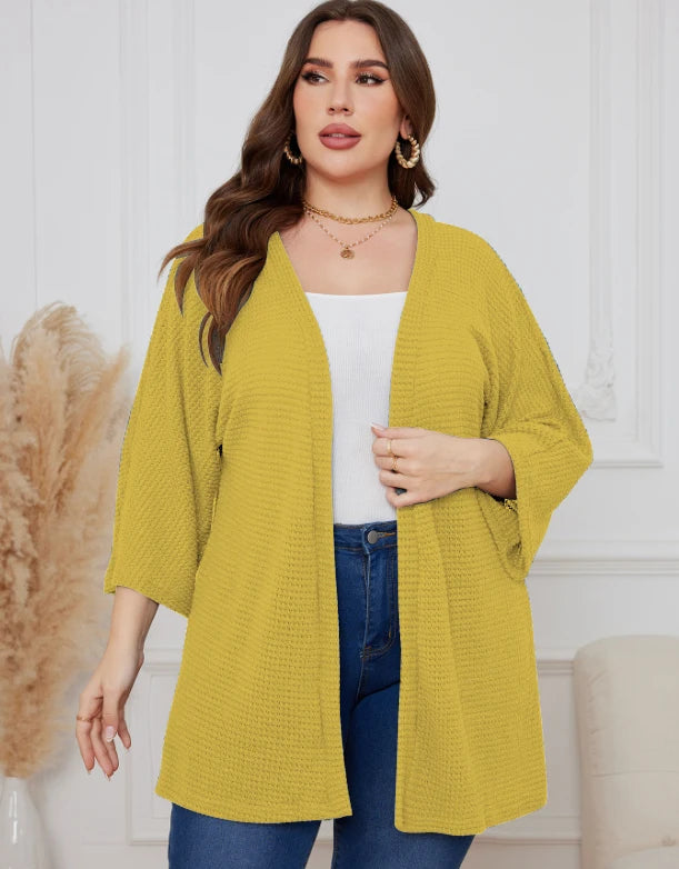 Oversized casual cardigan, women's plus size waffle knit cardigan with three-quarter length sleeves YD63 6