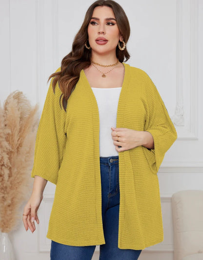 Oversized casual cardigan, women's plus size waffle knit cardigan with three-quarter length sleeves YD63 6