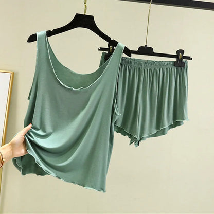 Casual Pyjama Pour Femme Summer Modal Tank Top Shorts Two-Piece Set Round Neck Sleeveless Home Wear Clothes Women Pajamas Suit green