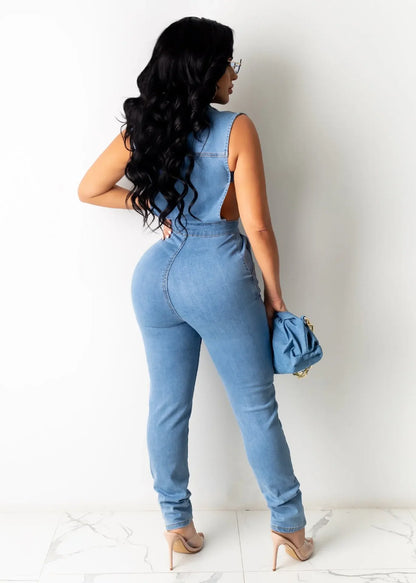 Hollow Denim Ankle Length Pants Women Overalls Spliced Washed Pencil Jeans Vintage Skinny Jean One Piece Button Sexy 2025