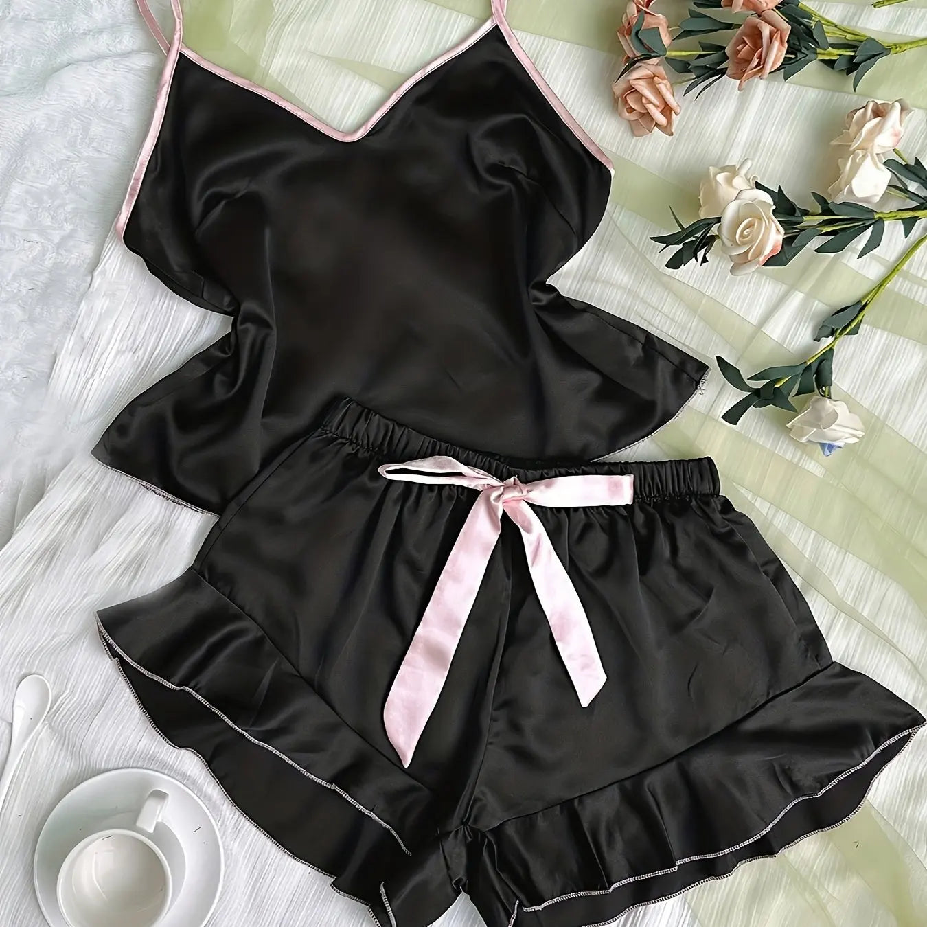 Women's Smooth Satin Pajamas V-Neck T-Shirt Ruffled Edges And Bow Shorts Simple And Breathable Pajama Set Sling Home Clothing Black