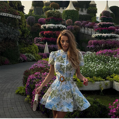 Women Floral A-line Mini Dress Short Sleeve Button-front Stand Collar Belted 2025 Summer Elegant Vestido Ladies Chic Party Dress