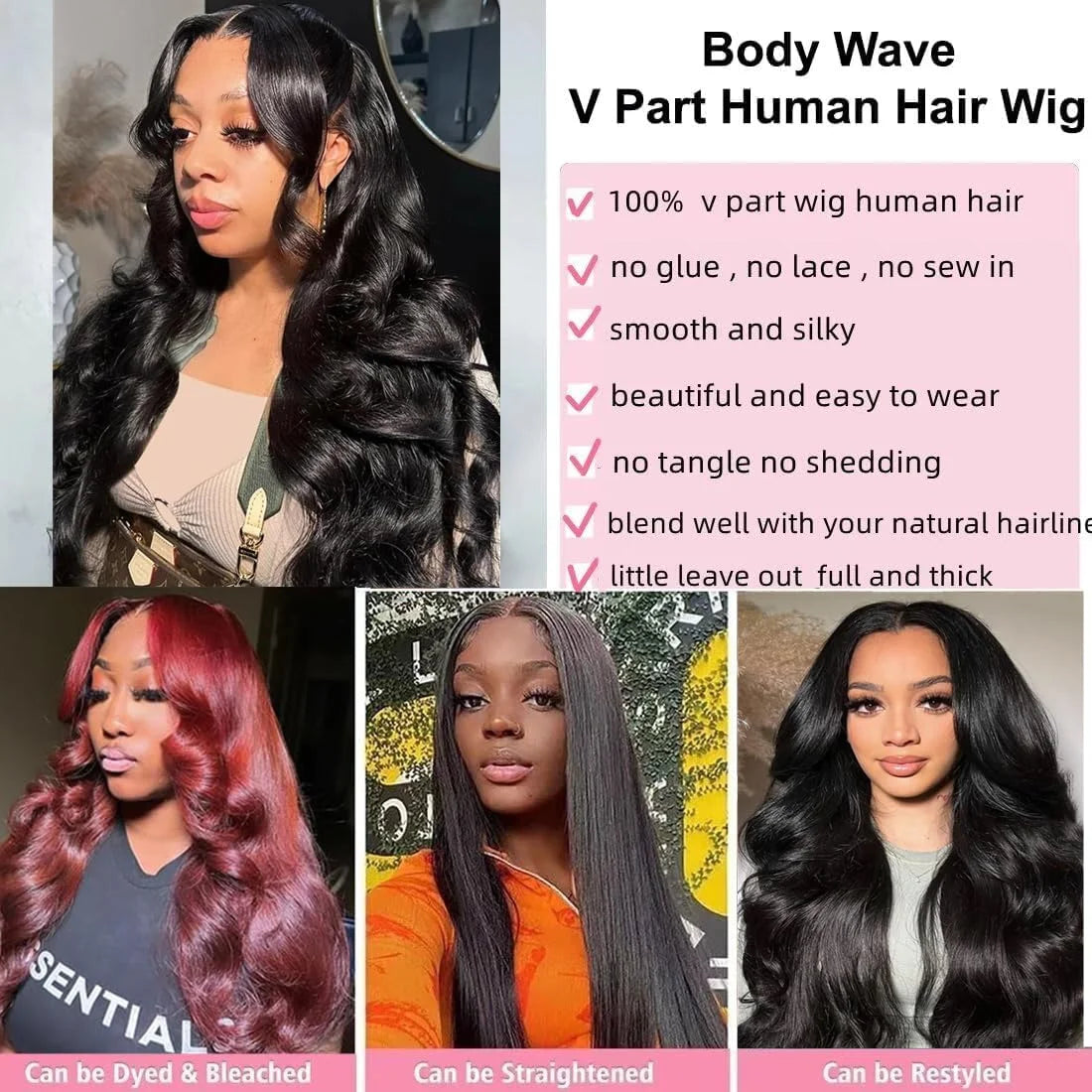Body Wave V Part Wigs Human Hair 250% Density For Women Full Head Clip In Half Wig No Leave Out Body Wave Wig For Black Women Badiee Stylez