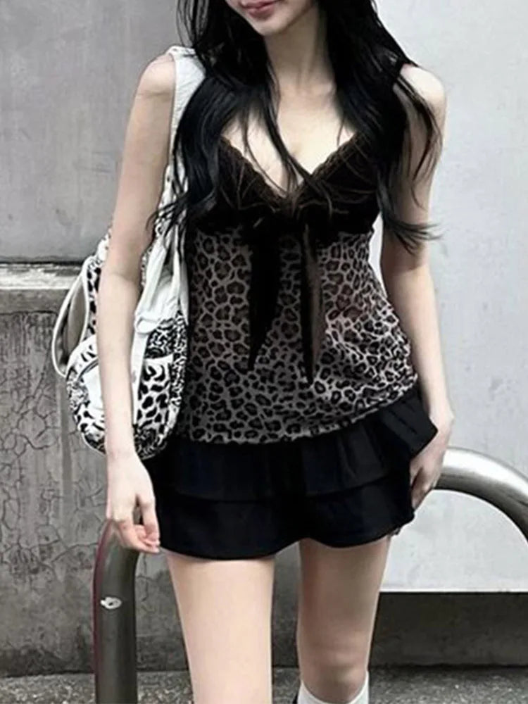 Leopard Mesh Crop Top y2k Bow Velvet Patchwork See Through Mini Vest Grunge Korean Vintage Camisole Lace Frill Tanks