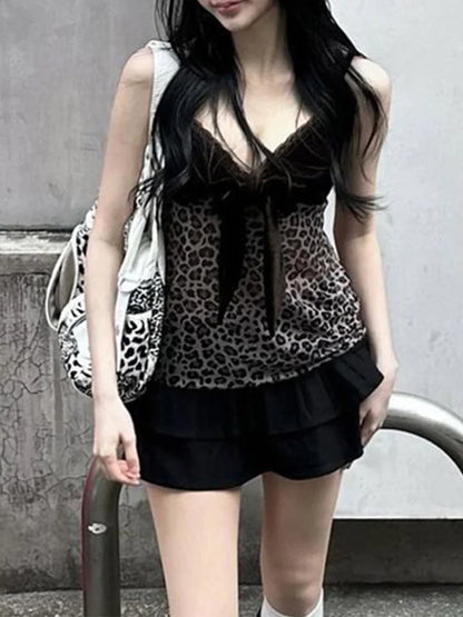 Leopard Mesh Crop Top y2k Bow Velvet Patchwork See Through Mini Vest Grunge Korean Vintage Camisole Lace Frill Tanks