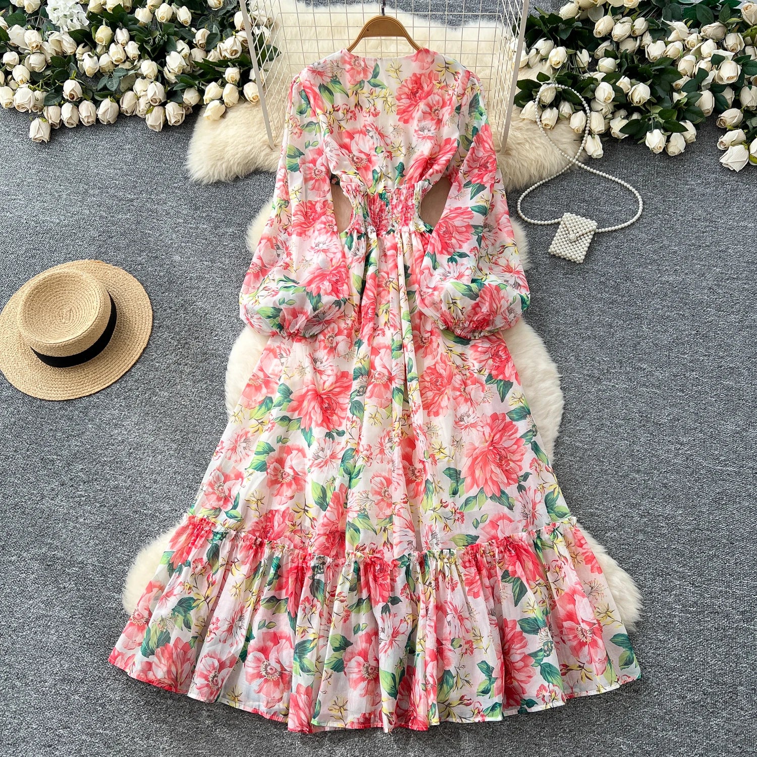 Chic vintage long sleeve lantern sleeve V-neck print pleated Elegant Fairy korean dress women clothing Long dress