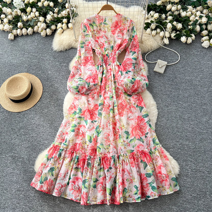 Chic vintage long sleeve lantern sleeve V-neck print pleated Elegant Fairy korean dress women clothing Long dress