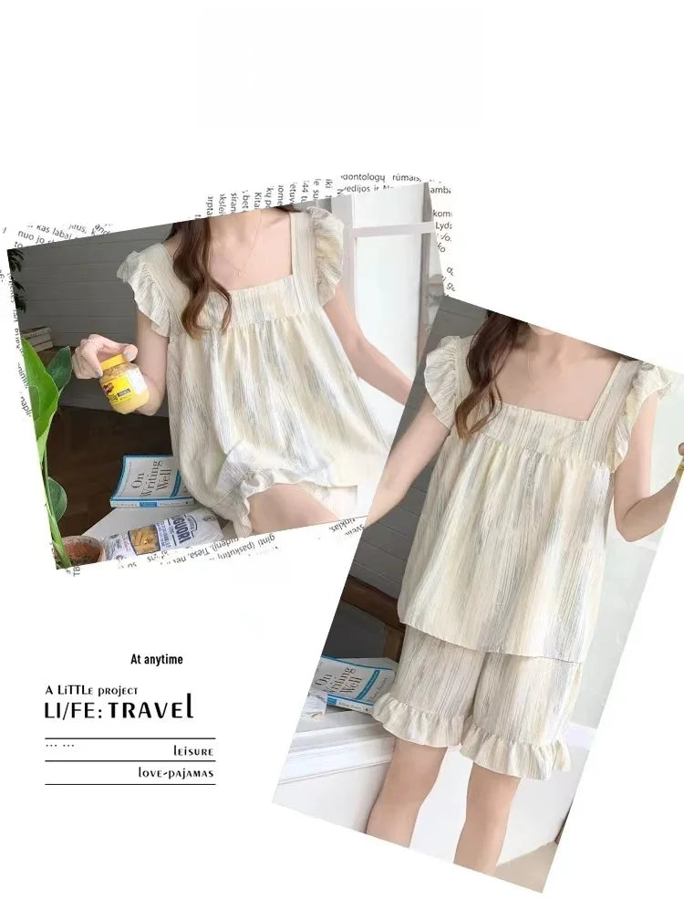 Summer Spwear Women's 2025 New Japanese Sle Fre Vest orts Woven Cotton Thin Home Clothes Set Sweet Print ort Pants