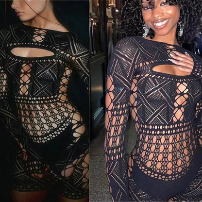 Sex Dress Jumpsuit with hollowed out tight lace and sexy hip hugging skirt casual women's long dresses daring lingerie woman xxx