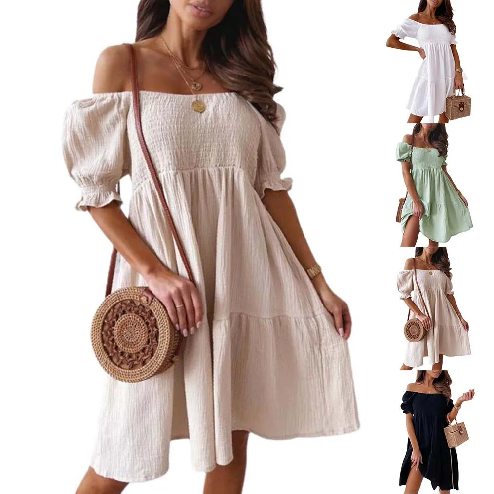New Short Sleeve Off The Shoulder High Waist A-Line Pleated Dress Sexy Club Outfits Solid Color Summer Dress Women 2025