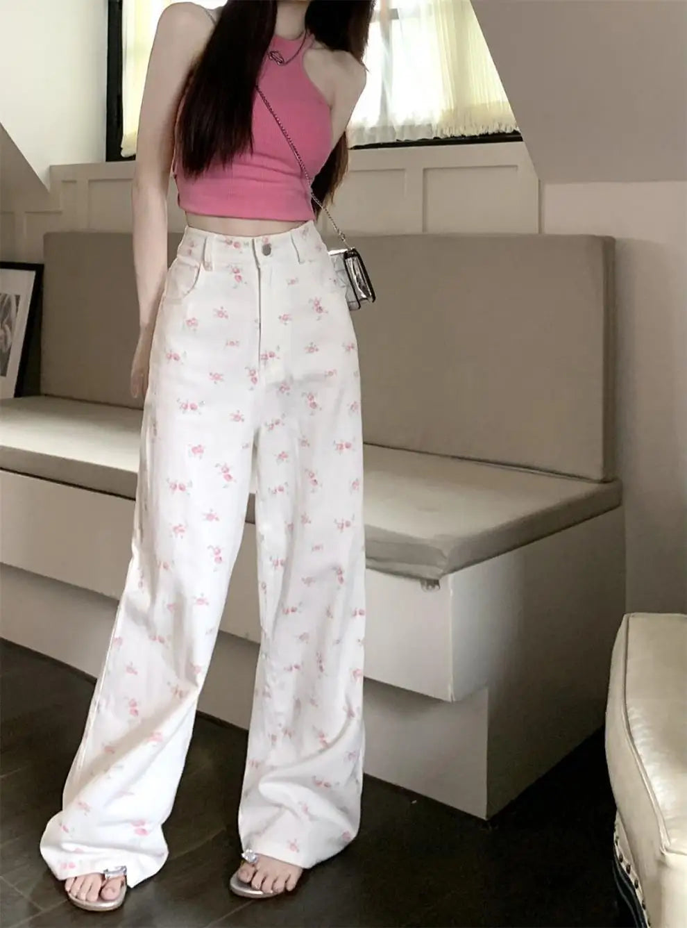 White floral straight jeans women's early autumn new thin loose high waist covered Joker slim casual wide-leg pants. jeans