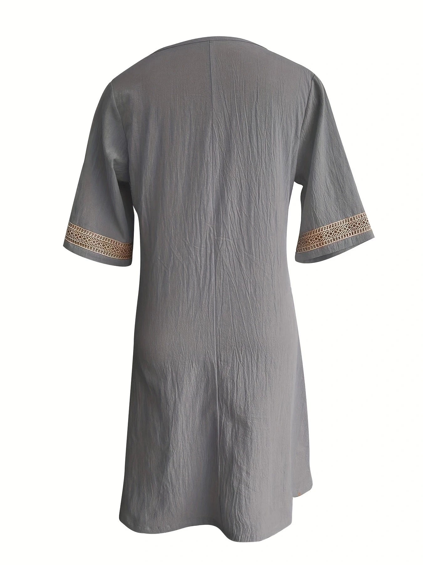 Chic Guipure Lace V-Neck Tunic Dress - Easy-Care, Knee-Length, All- Season Comfort with Stylish Hollow Details Badiee Stylez