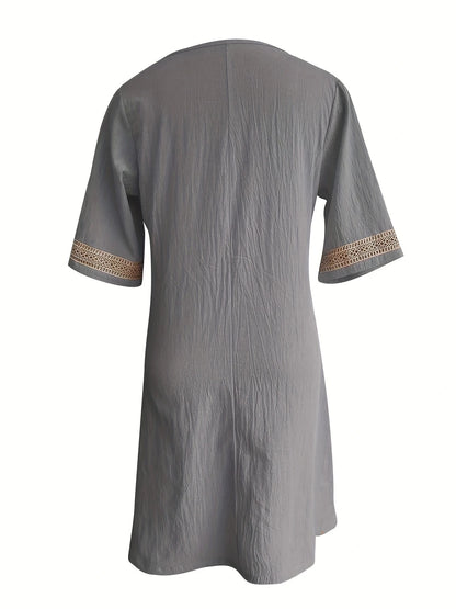Chic Guipure Lace V-Neck Tunic Dress - Easy-Care, Knee-Length, All- Season Comfort with Stylish Hollow Details Badiee Stylez