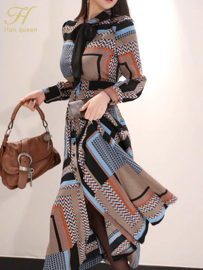 H Han Queen Vintage Print Elegant Long Dress Women Spring Single-breasted Shirt Dresses Waist Swing Ankle-length Vestidos