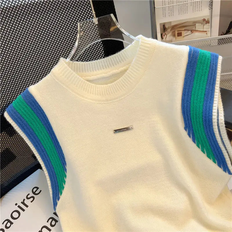 Summer New Fashion Patchwork Knitted Tanks Women Vintage Loose O-neck Soft Comfortable Casual Sleeveless Tops