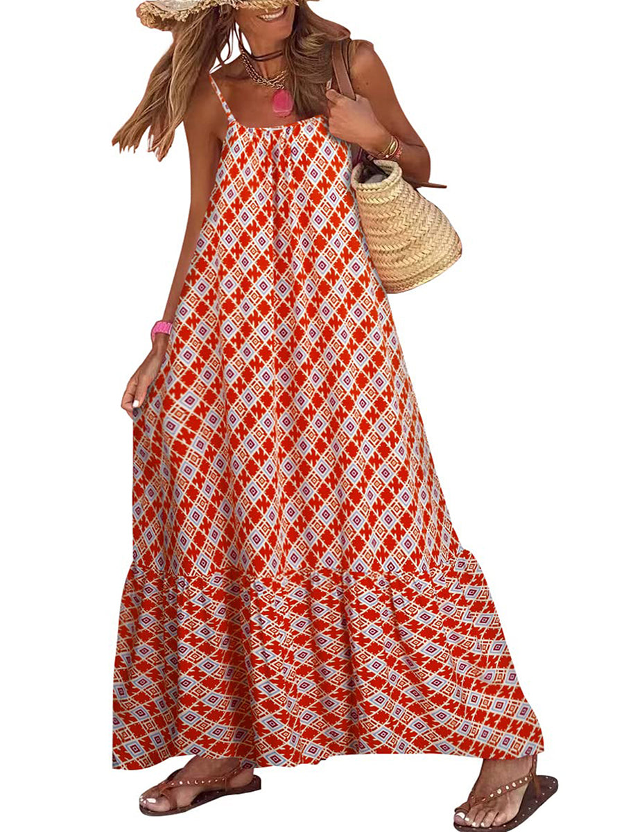 Women's Sleeveless Long Boho Dress Summer Loose Print Spaghetti Strap Flowy Dresses Bohemian Sundress Beachwear Party Coctail