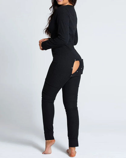 Sexy Pyjama Women's Jumpsuit Suit Button-down Front Back Butt Bum open Ass Flap Jumpsuit Loungewear Christmas Print Buttoned black