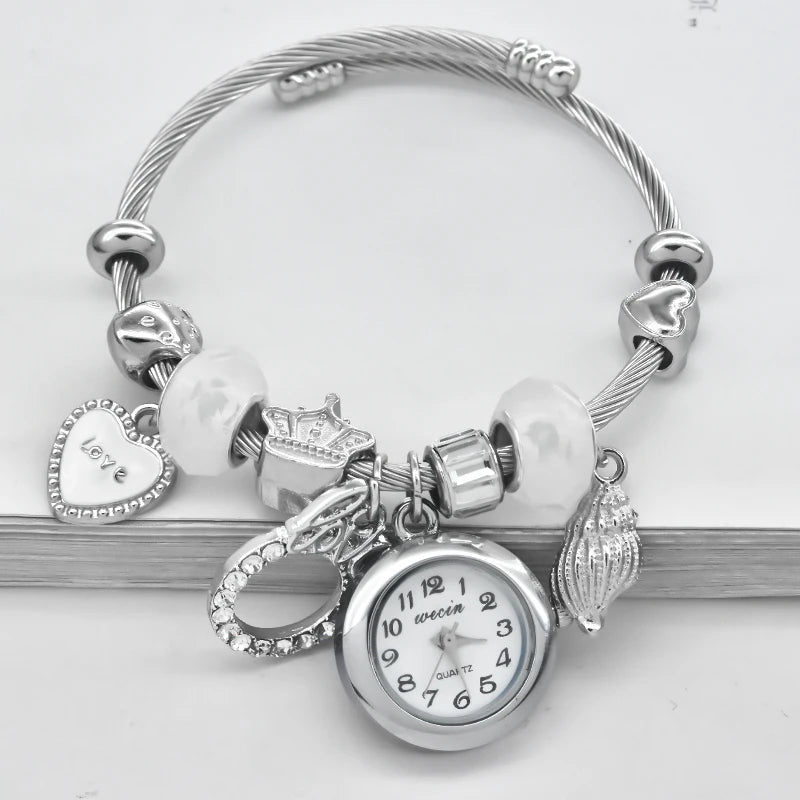 Fashion Women's Bracelet Watch Love with stylish decor refined round quartz watch silvery casual elegance