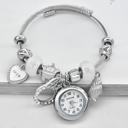 Fashion Women's Bracelet Watch Love with stylish decor refined round quartz watch silvery casual elegance