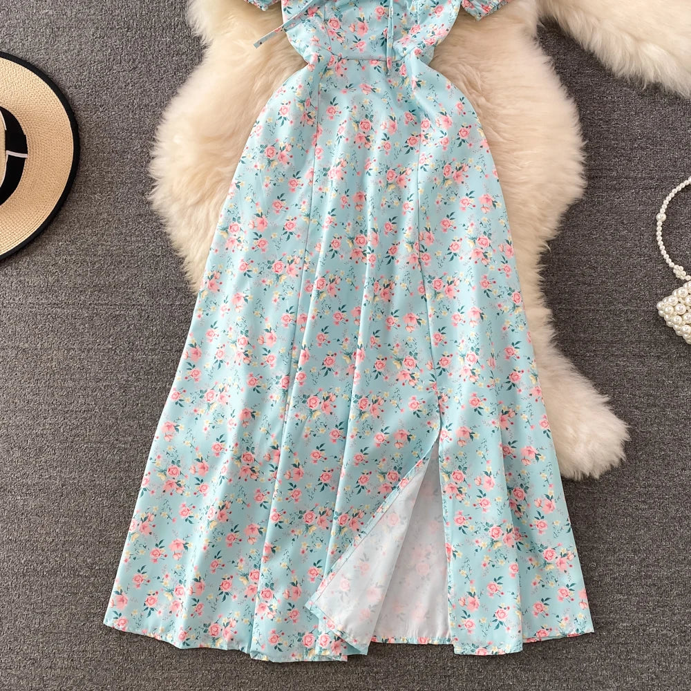 Summer Vintage Dress Blue Floral Summer Bubble Sleeve Tie Up Sexy Dresses Women A-line Print Split Long Dress Elegant Vestidos