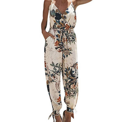 HOT SALES！！！Women Summer Sexy Backless Casual Deep-V Floral Print Strappy Jumpsuits Romper