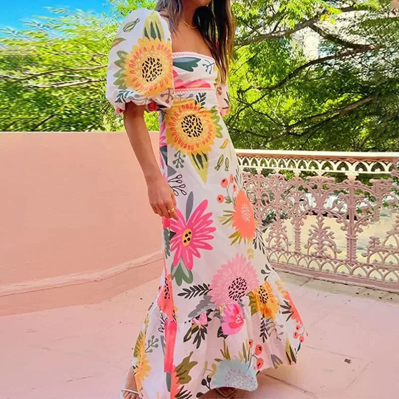 Summer Dress Elegant Women Flower Printed Maxi Dress High Waisted Short Sleeve Square Collar 2024 Summer Fashion Holiday Dresses