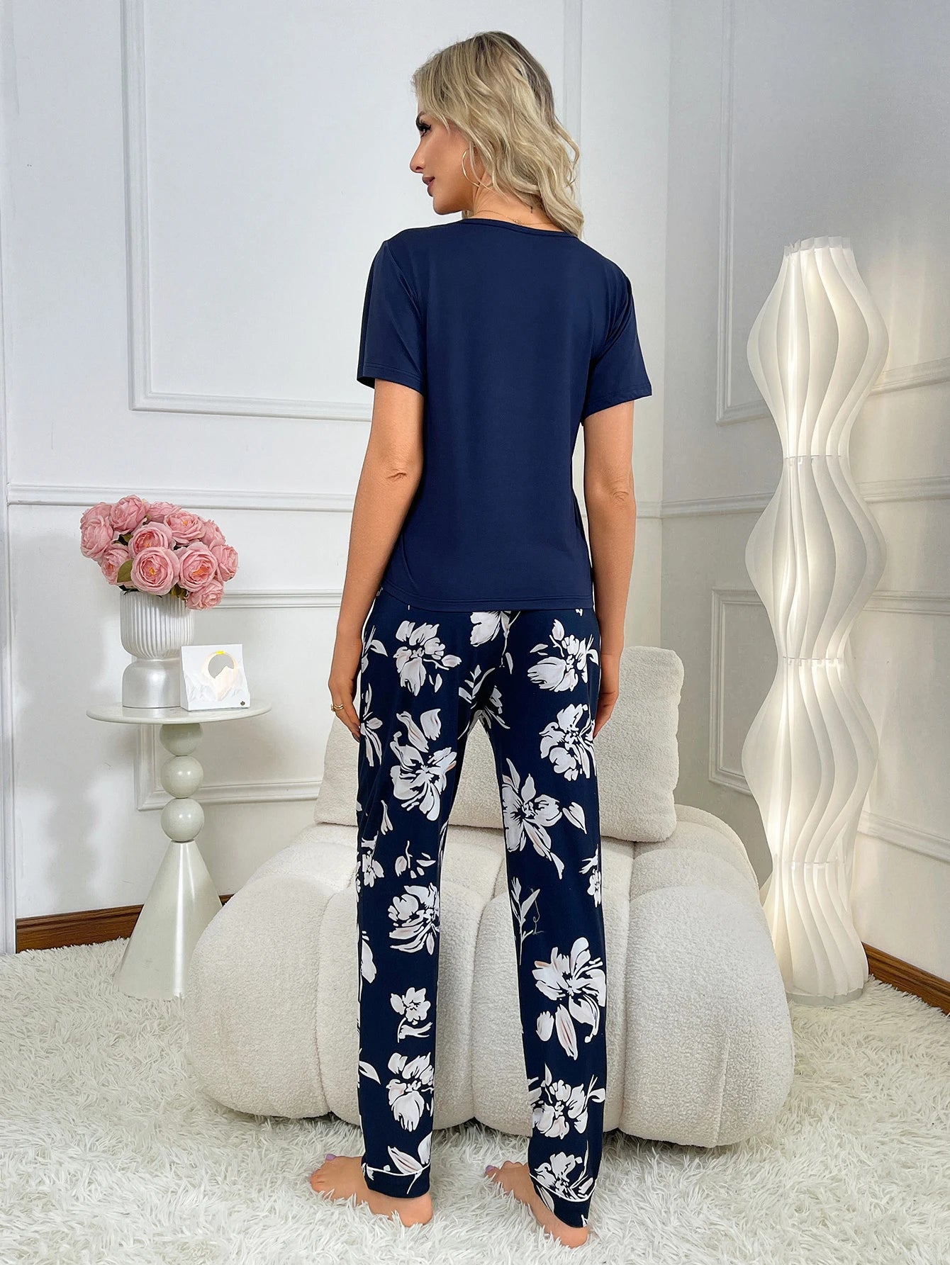 Women's new style pajamas set solid color short-sleeved blouse printed trousers simple two-piece casual comfortable home wear