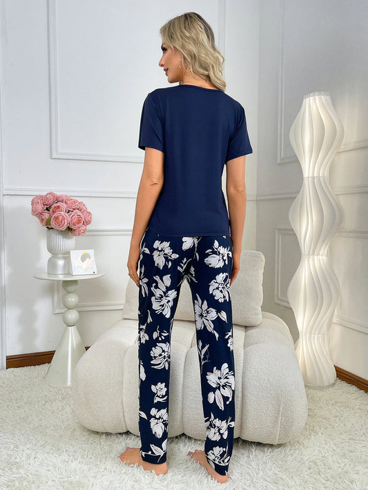 Women's new style pajamas set solid color short-sleeved blouse printed trousers simple two-piece casual comfortable home wear