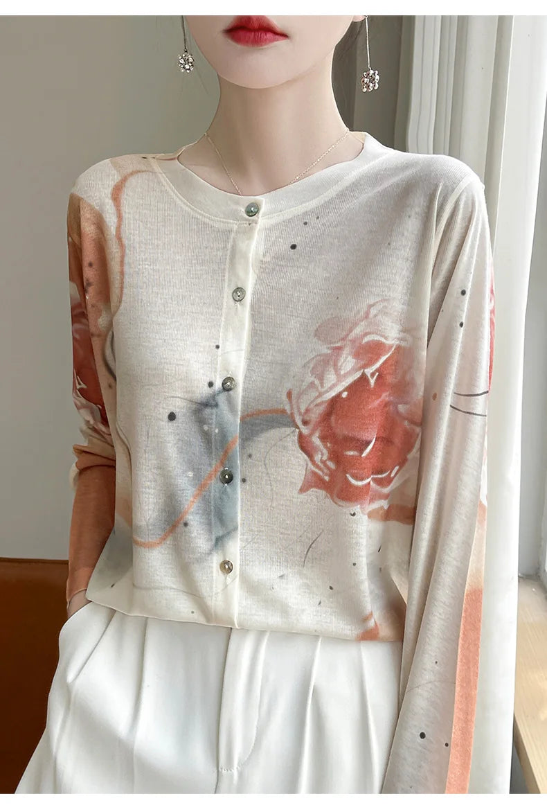 Spring And Summer New Lyocell Water-Soluble Wool Blended Round Neck Knit Cardigan Long Sleeve Feminine Sweater Printed Top
