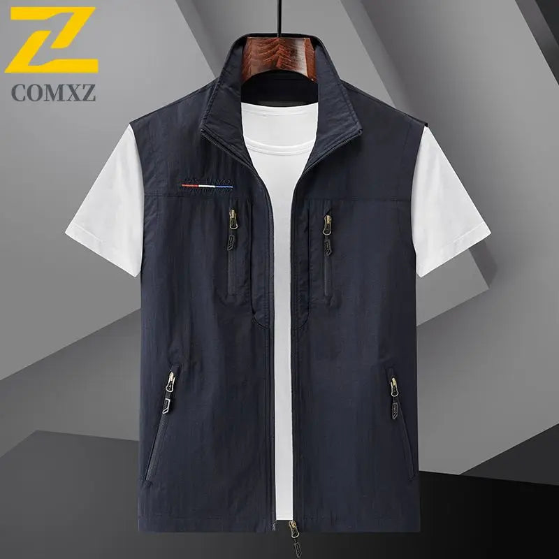 Men's Summer vest 2024 Thin Style Multi Pocket Waterproof Durable Large Size Casual Outdoor Travel Vest Men's Sleeveless Jacket Deep Blue