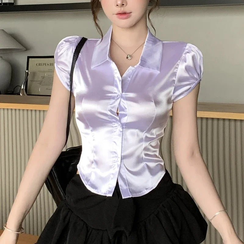 Summer Sexy Silk Shirts Women 2025 Korean Fashion Clothes Short Sleeve Button Up Ladies White Puff Sleeve Crop Tops and Blouses WHITE