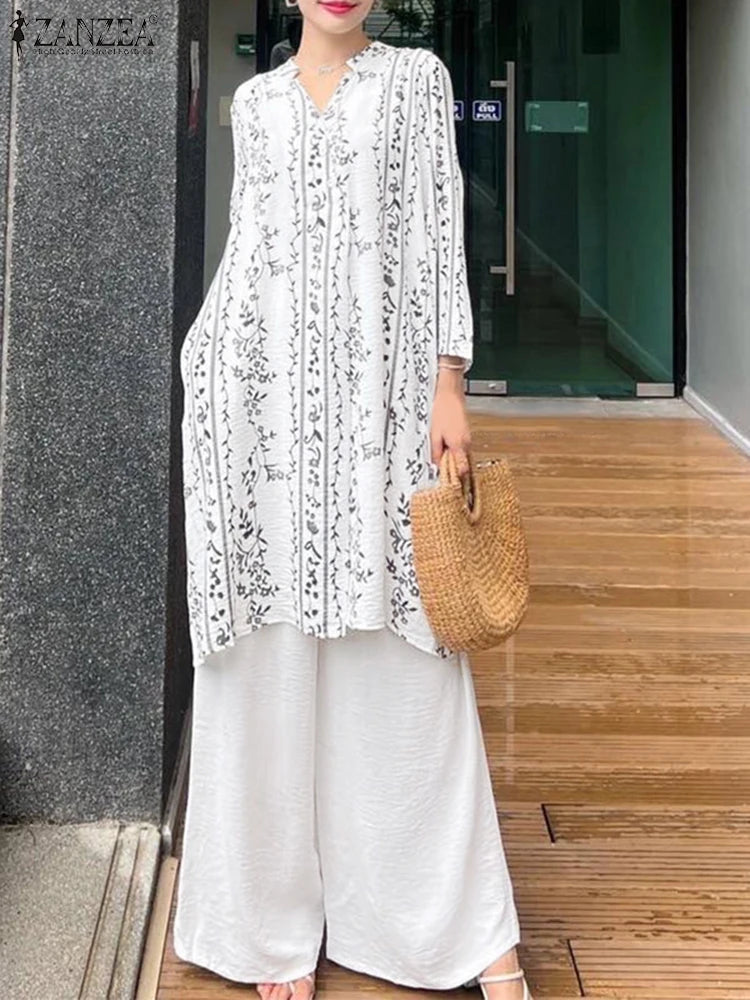 2025 ZANZEA Fashion Autumn Long Shirt Pant Suits Women Outfts 2 Piece Sets Long Sleeve Printed Tops Trousers Casual Tracksuits Badiee Stylez