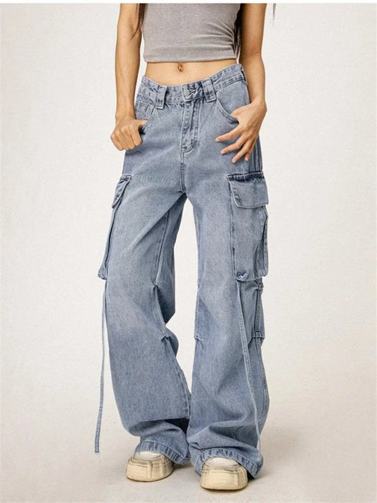 Women's Washed Blue Large Pocket Jeans Cool Girl High Waisted Fashion Loose Pants Female Straight Retro Denim Trousers