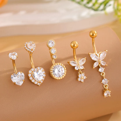 14G Gold Color Series Butterfly Dangled Belly Piercing Sets 5PCS/Lot Heart Flower Curved Navel Navel Ring Belly Button Rings Style 1
