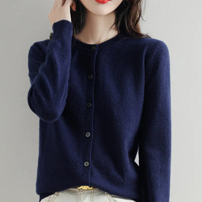 Knitted Cardigan Women's Sweater Autumn And Winter 2022 New Solid Color Coat Round Neck Short Long Sleeve Loose Korean Fashion Navy Blue CHINA