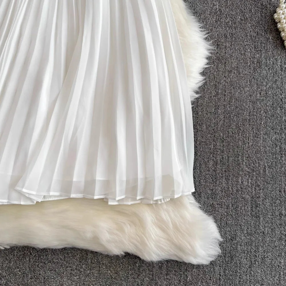 Summer Elegant Crochet Lace Patchwork Chiffon Pleated Dress Women's Short Sleeve Hollow Out Flower Buttons Belt Runway Vestidos