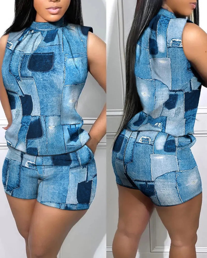 Summer New Street Trendy Women's Polyester Sexy Sleeveless Fashion Print Casual Round Neck 3/4 Shorts Sleeveless Comfortable Set ROYAL BLUE