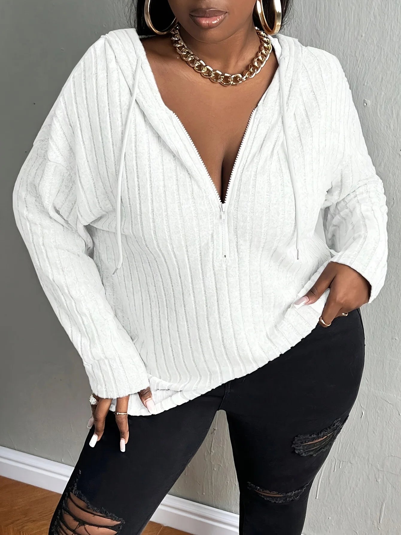 Plus size European and American cross-border autumn and winter new casual solid color half zipper hooded sweatshirt WHITE