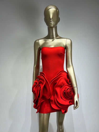Summer New 2024 Women Sexy Strapless Crystal Flower Bodycon Bandage Dress Celebrity Elegant Birthday Mini Evening Party Dress Red