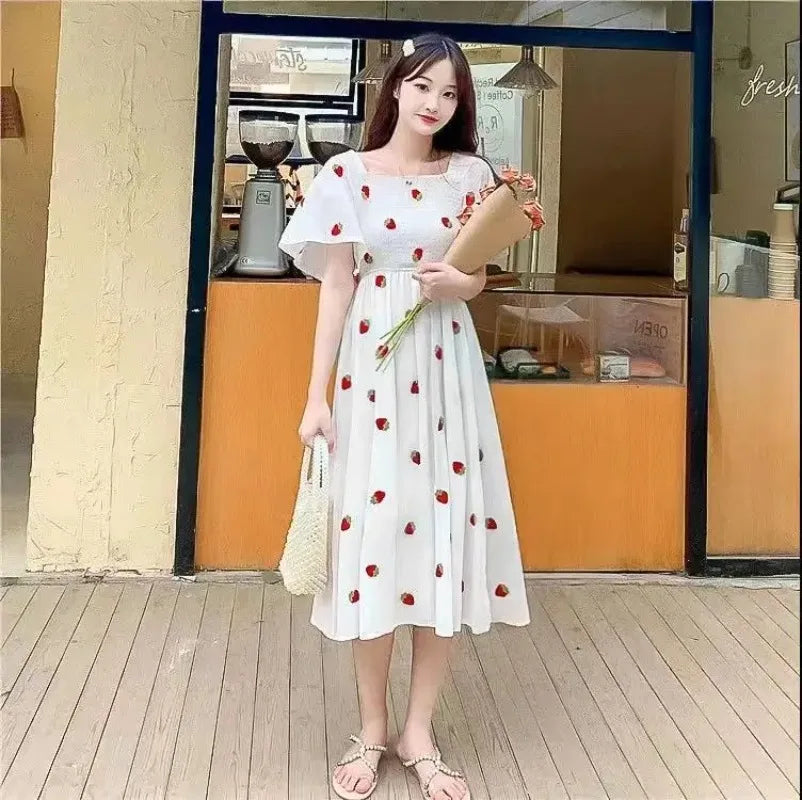Vintage Kawaii Strawberry Dress Women Sexy Ruffle Puff Sleeve Off Shoulder Embroidery Summer Party Dresses 2023 Korean Elegant