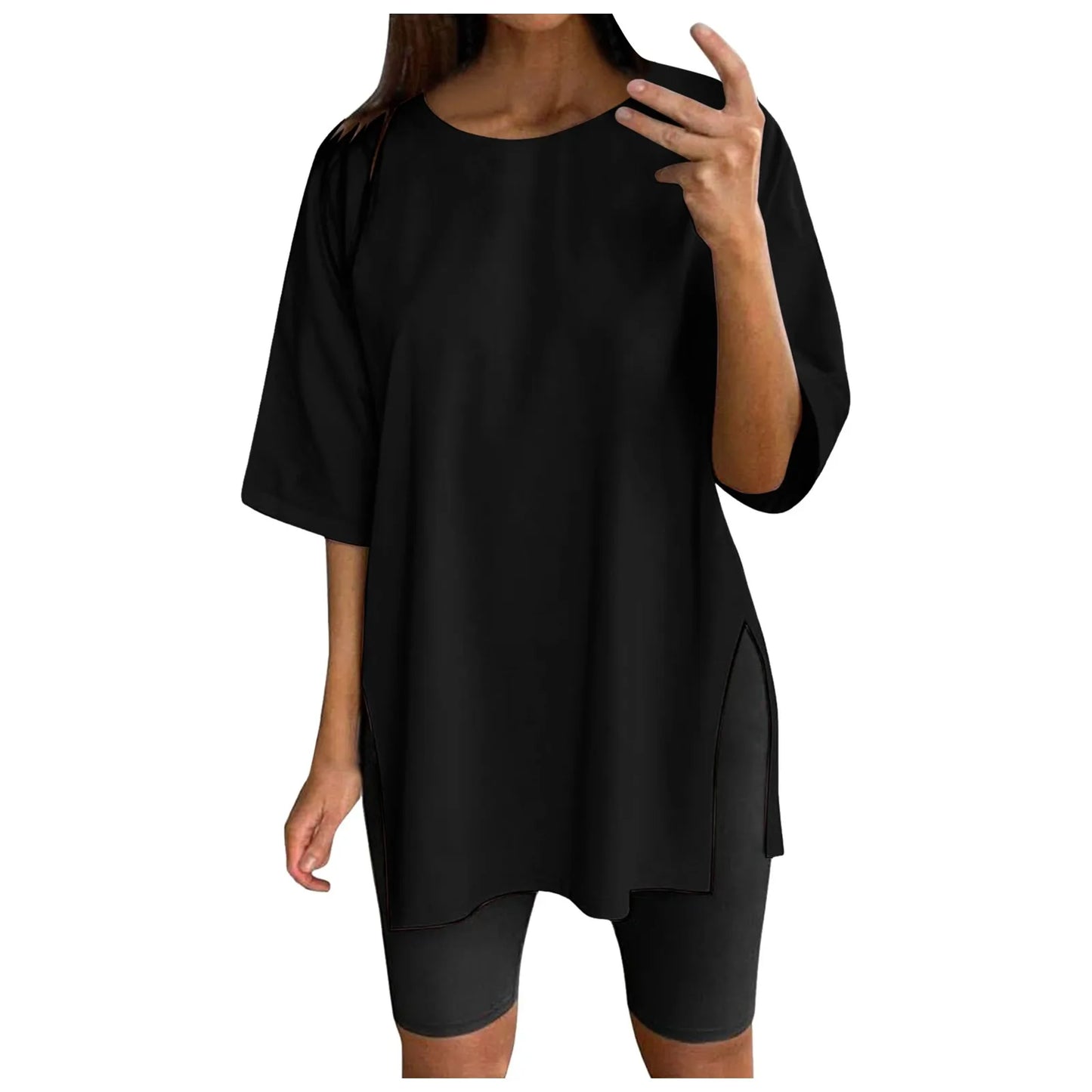 Extra Long Tops Women Oversize Sports Short Sleeve Blouses Summer Loose Tops Crew Neck Solid Large Size Side Split Pullover