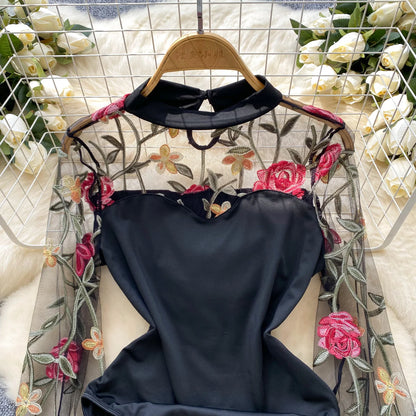 SINGREINY Vintage Embroidery Gauze Sexy Bodysuits Stand Collar Long Sleeve Playsuits Fashion Spliced Women Open crotch Rompers