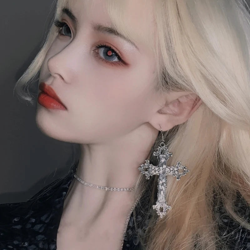 Vintage Cross Earrings Necklace for Women Christ Dangle Earrings Gothic Punk Dangle Drop Necklace Men Girl Grunge Hoop Jewelry